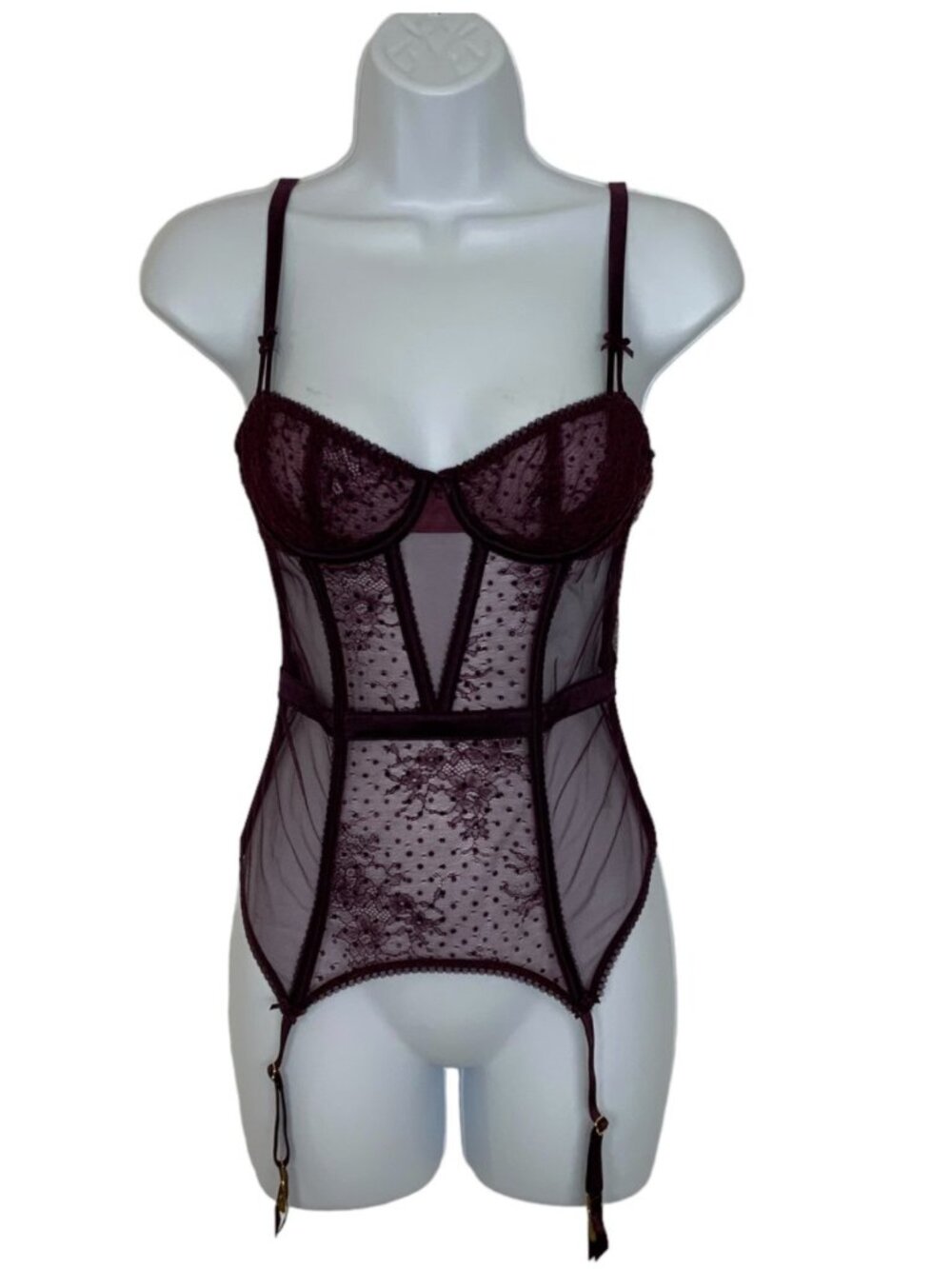 Victoria's Secret Lace Bustier Bra XS Burgundy Suspender Clips NEW